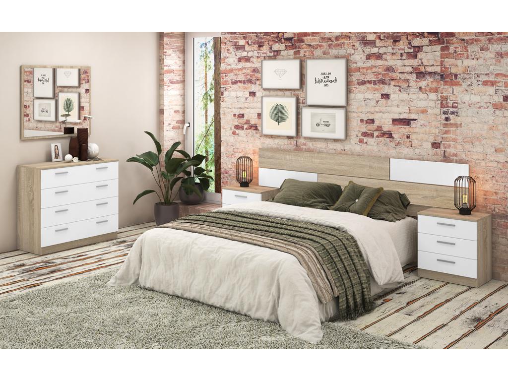 Bedroom set including headboard, 2 bedside tables, chest of drawers, and wall mirror, oak finish, Maisonpuretop/White 95257LKJG