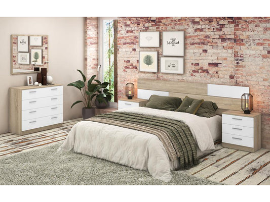 Bedroom set including headboard, 2 bedside tables, chest of drawers, and wall mirror, oak finish, Maisonpuretop/White 95257LKJG