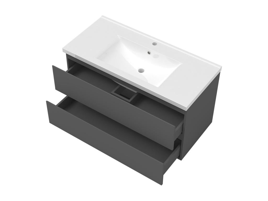 Vanity unit set, 100cm wide, with 2 drawers, pedestal sink, LED lighting, and 100cm anthracite mirror, 77981TFJT
