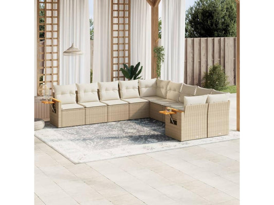 10-piece garden furniture set with cushions, beige woven resin, 53777LUJN