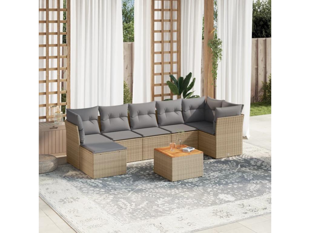 8-piece garden furniture set with cushions, beige wicker resin, 70165JSJE