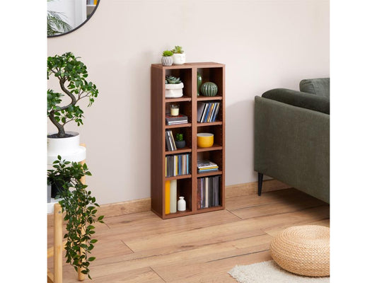 Modular MUSIC shelving for CDs and DVDs, set of 2 column storage units with 10 compartments in walnut-colored melamine, 76482GLNL