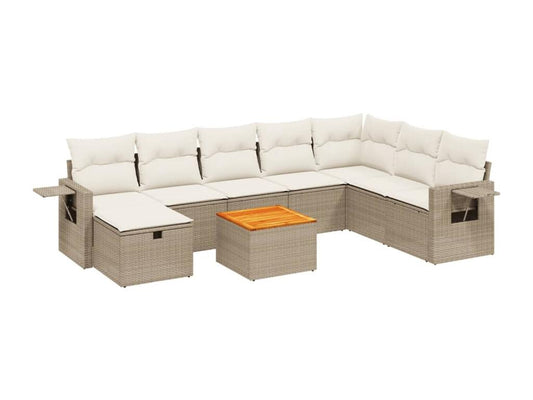 9-piece garden furniture set with cushions, beige wicker resin 00682ZZHK