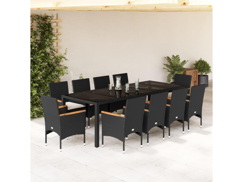 11-piece garden dining set with cushions, black rattan and glass, 12925EBBN