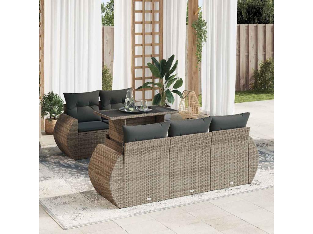 6-piece garden furniture set with grey resin wicker cushions 03556FKHT