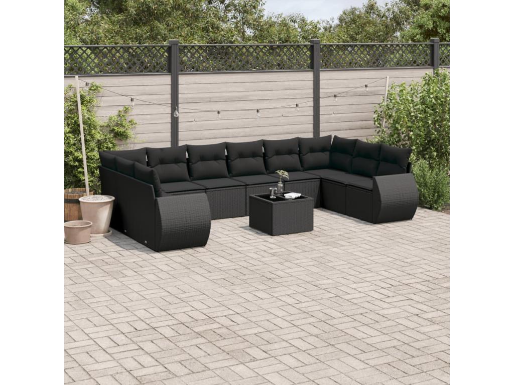 11-piece garden furniture set with cushions, black resin wicker, 33619JANS