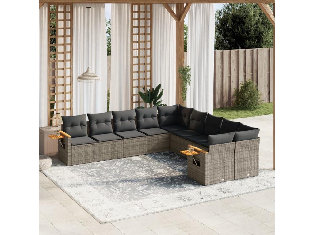 10-piece garden furniture set with cushions, grey woven resin, 72121OZVZ