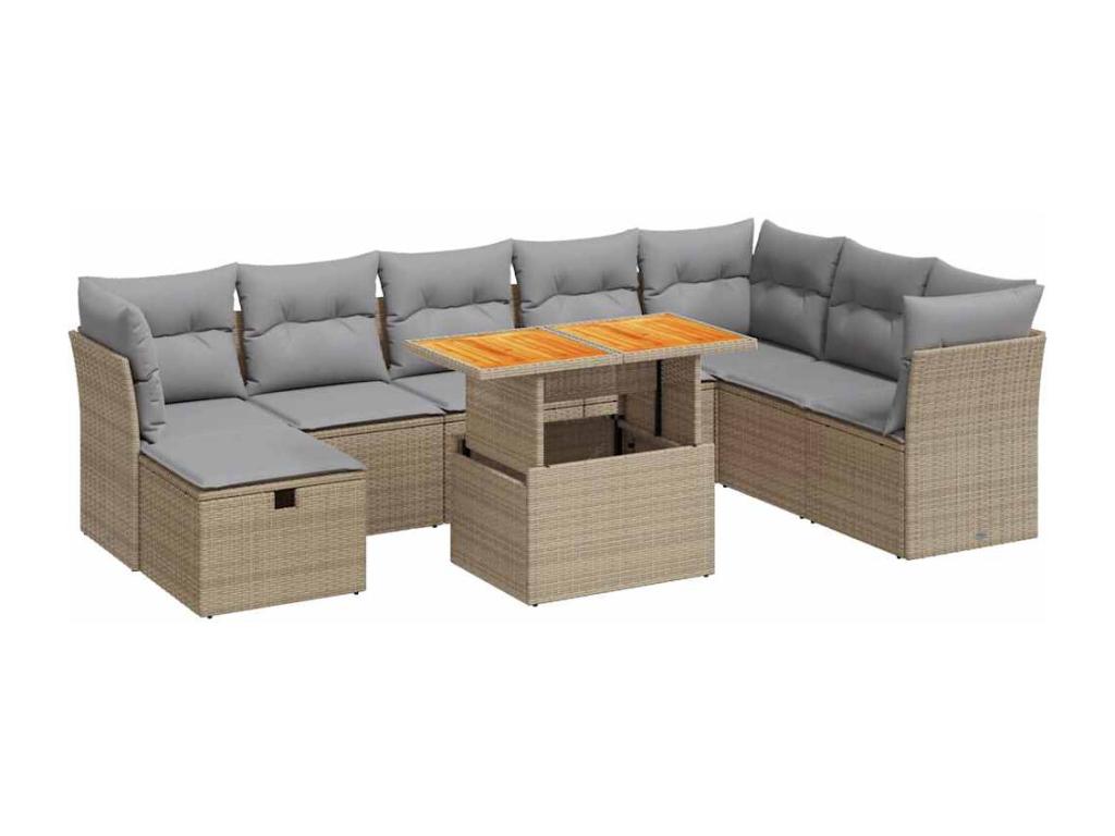 9-piece garden furniture set with cushions, beige woven resin, Parisianestop 16831SQBO