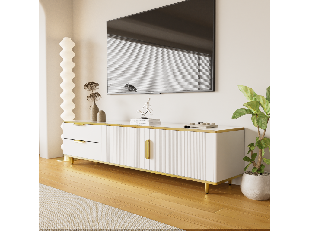 175cm TV stand with 2 drawers and 2 doors. Gold-tone metal legs and handle with carved Scandinavian-style motifs. Wooden living room furniture - White 32744GZNC