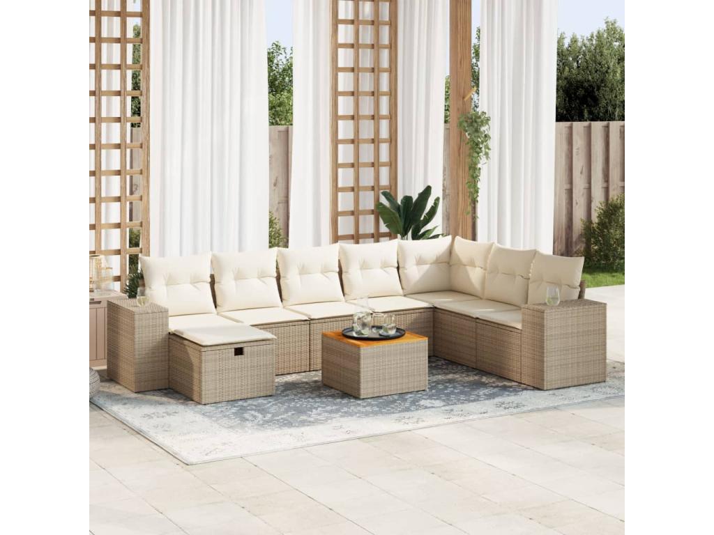 9-piece garden furniture set with cushions, beige woven resin, 10428NBYB
