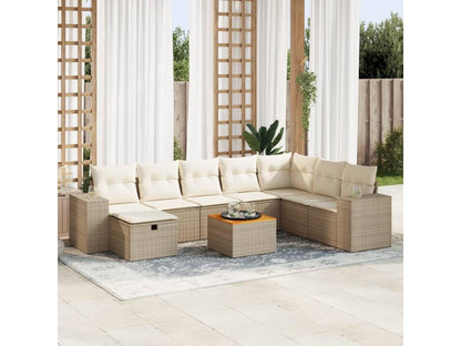 9-piece garden furniture set with cushions, beige woven resin, 10428NBYB