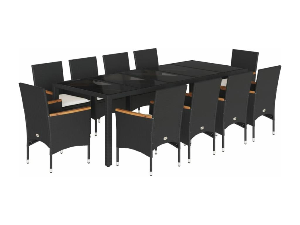 11-piece garden dining set with cushions, black rattan and glass, 12925EBBN
