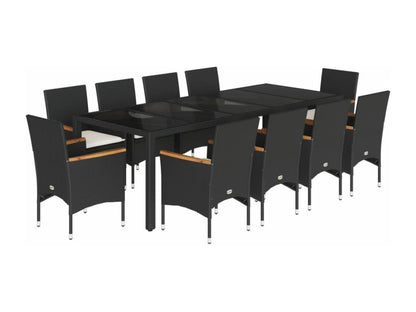 11-piece garden dining set with cushions, black rattan and glass, 12925EBBN