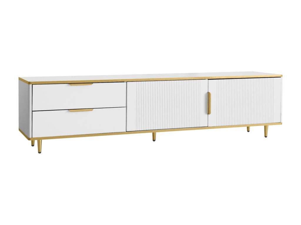 175cm TV stand with 2 drawers and 2 doors. Gold-tone metal legs and handle with carved Scandinavian-style motifs. Wooden living room furniture - White 32744GZNC