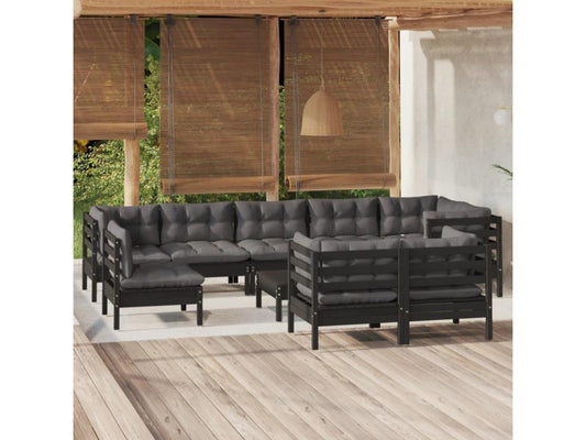 10-piece garden furniture set with cushions, black, solid pine wood, 07852DMXO