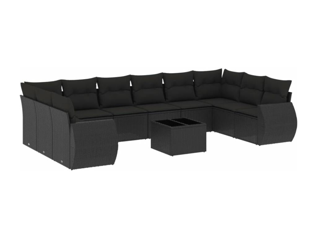 11-piece garden furniture set with cushions, black resin wicker, 33619JANS