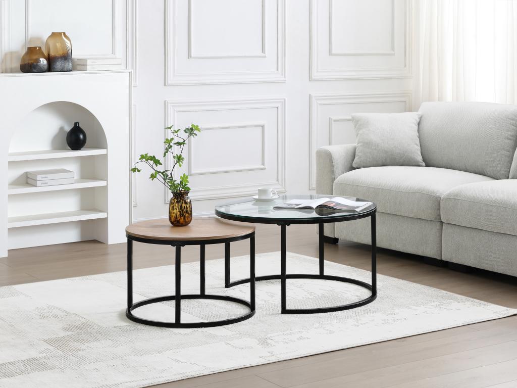 Nesting coffee tables in oak veneer, tempered glass and black metal - Transparent and Natural - Parisianestop 10242NQDS