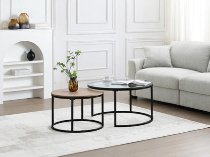 Nesting coffee tables in oak veneer, tempered glass and black metal - Transparent and Natural - Parisianestop 10242NQDS