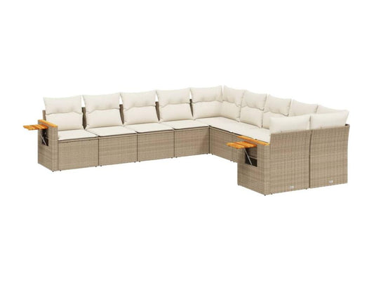 10-piece garden furniture set with cushions, beige woven resin, 53777LUJN