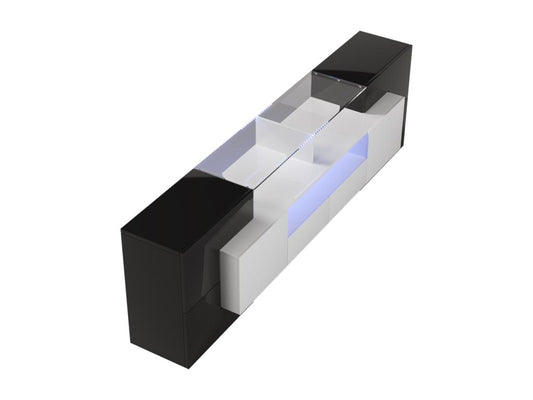 TV stand - 200x38x48cm - Glossy white and black - 4 doors, 2 drawers, 3 compartments 78347LVFN