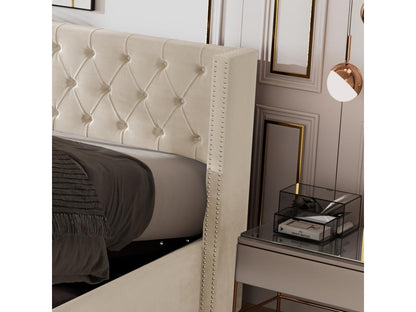 Storage bed 160x200 cm double bed upholstered in velvet with decorative rivets and buttons, Parisianestop style slatted base, beige 13244ZLKT