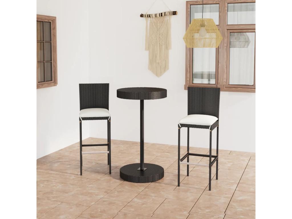 3-Piece Garden Bar Set and Cushions, Black Wicker Resin 14634SDXA