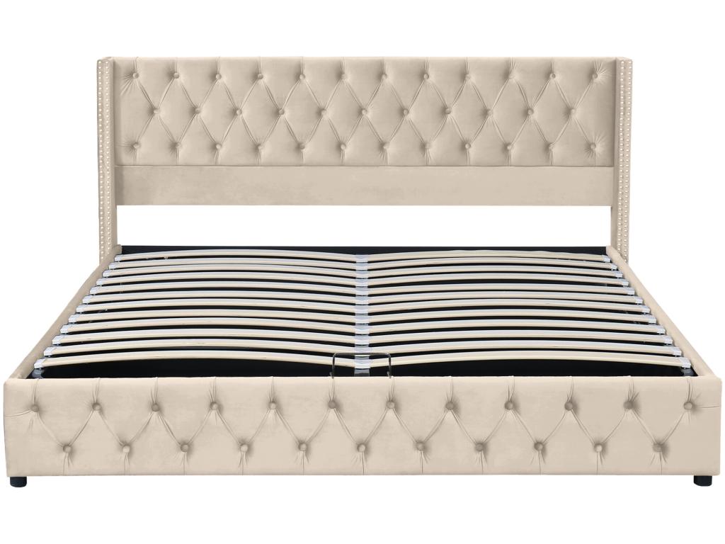 Storage bed 160x200 cm double bed upholstered in velvet with decorative rivets and buttons, Parisianestop style slatted base, beige 13244ZLKT