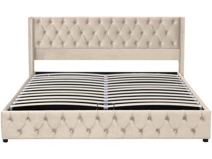 Storage bed 160x200 cm double bed upholstered in velvet with decorative rivets and buttons, Parisianestop style slatted base, beige 13244ZLKT