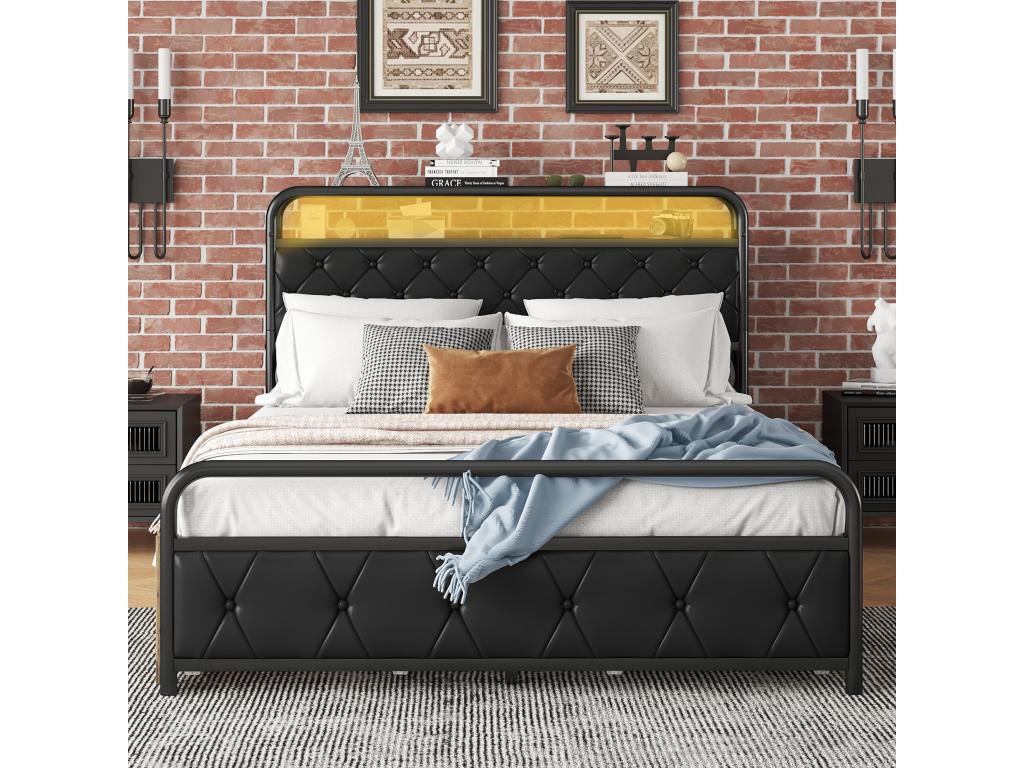 Upholstered bed 140x200 cm with 4 drawers, USB ports / LEDs - metal and wood frame Parisianestop - black 55489HVZN