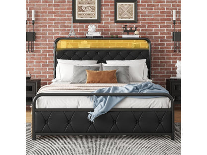 Upholstered bed 140x200 cm with 4 drawers, USB ports / LEDs - metal and wood frame Parisianestop - black 55489HVZN