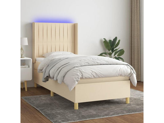 Upholstered bed base with mattress and LED lighting, Cream, 90x190 cm, Fabric, 72079XYHW