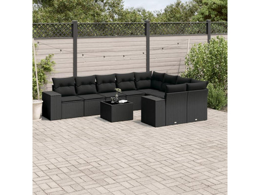 10-piece garden furniture set with cushions, black woven resin, 47241UYXO