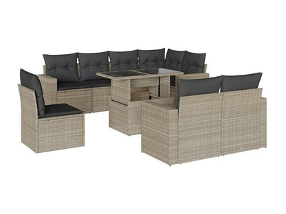 9-piece garden furniture set with light grey cushions, woven resin 58164FYSX