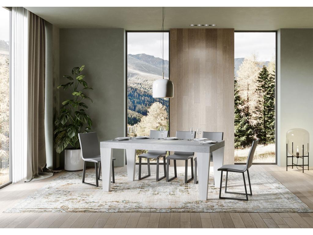 Extendable table, concrete grey with white wood legs, seats 6 to 12 people, Parisianestop, L 180 to 284cm - 4-leg support, 67710ITJZ
