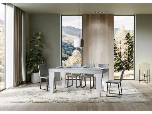 Extendable table, concrete grey with white wood legs, seats 6 to 12 people, Parisianestop, L 180 to 284cm - 4-leg support, 67710ITJZ