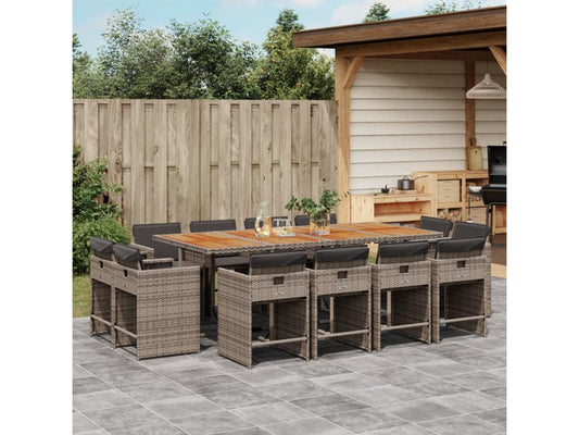 Garden dining set with cushions, 13 pieces, grey woven resin, 66866EZHW