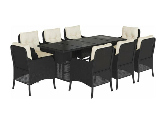 9-piece garden dining set with cushions, black resin wicker 01984FJWX