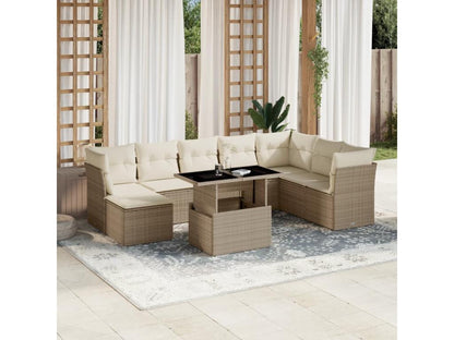9-piece garden furniture set with cushions, beige woven resin, 88681YZVH
