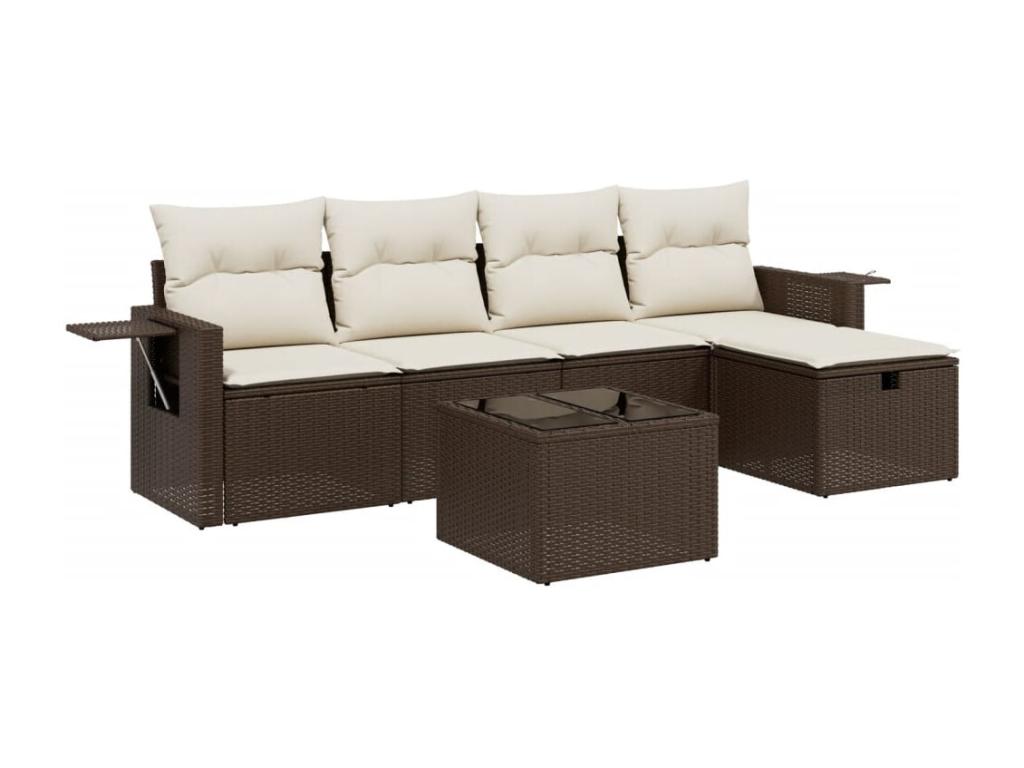 6-piece garden furniture set with cushions, brown woven resin, 12775TQYV
