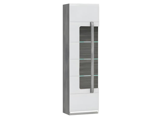 209cm Display Cabinet with 1 Door, White Lacquered Finish, Grey Wood Effect, and LED Lighting - Parisianestop 67720RKSA
