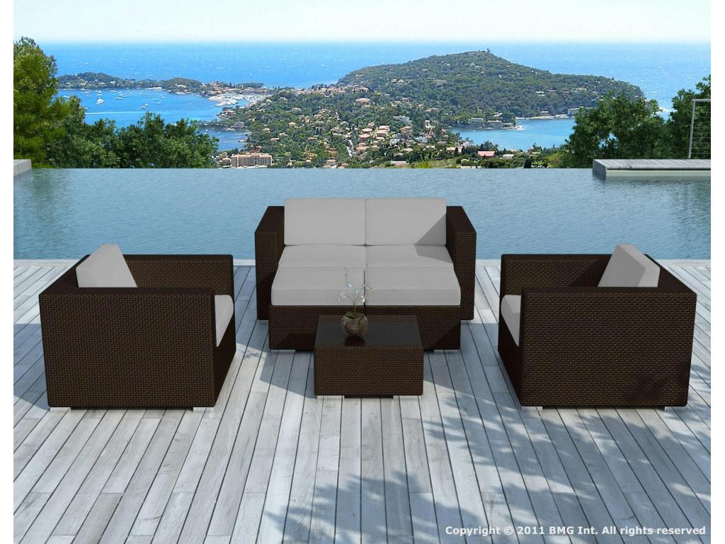 Parisianestop 6-piece garden furniture set in chocolate-colored woven resin with off-white fabric cushions and a set of grey fabric covers 92343IVYP