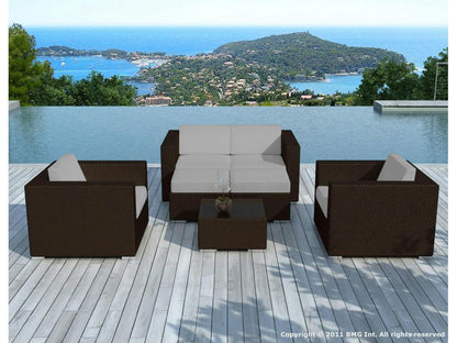 Parisianestop 6-piece garden furniture set in chocolate-colored woven resin with off-white fabric cushions and a set of grey fabric covers 92343IVYP